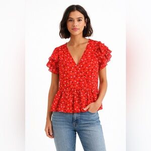 Madewell Red Printed Peplum V-Neck Blouse